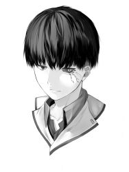 Rule 34 | 1boy, bad id, bad pixiv id, black sclera, bob cut, closed mouth, collarbone, colored sclera, commentary request, expressionless, greyscale, highres, male focus, monochrome, portrait, shiranui (nisioisin sinob), short hair, simple background, solo, tokyo ghoul, tokyo ghoul:re, urie kuki, white background