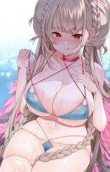Rule 34 | 1girl, absurdres, azur lane, bad id, bad twitter id, bare shoulders, bikini, blue bikini, blurry, blurry background, blush, braid, breasts, choker, cleavage, collarbone, day, double bun, feather boa, formidable (azur lane), formidable (the lady of the beach) (azur lane), hair bun, half-closed eyes, hand on own chest, hand up, highres, licking lips, long hair, looking at viewer, multi-strapped bikini bottom, multi-strapped bikini top, navel, official alternate costume, reel (riru), single thighhigh, sitting, skindentation, solo, swimsuit, thighhighs, thighs, tongue, tongue out, twin braids, underboob, very long hair, wet, white thighhighs