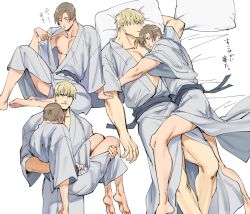 Rule 34 | 2boys, bara, barefoot, bed, blonde hair, blue kimono, blush, brown hair, carrying, closed eyes, closed mouth, couple, hug, jack krauser, japanese clothes, kimono, large pectorals, leon s. kennedy, looking at another, lying, male focus, messy hair, multiple boys, muscular, muscular male, on back, on bed, open clothes, open kimono, pectorals, pillow, princess carry, resident evil, resident evil: the darkside chronicles, resident evil 4, sash, short hair, simple background, size difference, sleeping, sleeping on person, smile, tatsumi (psmhbpiuczn), translation request, yaoi