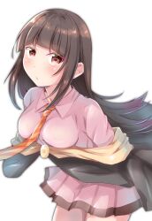 Rule 34 | 1girl, black cloak, black hair, blunt bangs, blush, breasts, brown eyes, cloak, closed mouth, commentary, cowboy shot, diagonal-striped clothes, diagonal-striped necktie, dress shirt, floating clothes, floating hair, floating neckwear, highres, ika (allone11-11-oga8-31), kono subarashii sekai ni bakuen wo!, kono subarashii sekai ni shukufuku wo!, leaning forward, long hair, long sleeves, looking at viewer, looking to the side, medium breasts, miniskirt, necktie, nerimaki, orange necktie, pink shirt, pink skirt, pleated skirt, pursed lips, raised eyebrows, red necktie, school uniform, shirt, sidelocks, simple background, skirt, solo, standing, striped clothes, upturned eyes, very long hair, white background