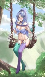 Rule 34 | 1girl, :d, adapted costume, asymmetrical footwear, asymmetrical gloves, bare shoulders, bikini, blue gloves, blue hair, blue sky, blush, boots, braid, capelet, cloud, collarbone, cosplay, day, fate/grand order, fate (series), flower, gloves, green footwear, green gloves, hair ornament, hair scrunchie, highres, long hair, looking at viewer, medea (fate), medea (lily) (fate), medea (lily) (fate) (cosplay), midriff, mismatched footwear, mismatched gloves, navel, nose blush, open mouth, outdoors, parted bangs, pointy ears, ponytail, purple footwear, rope, sarhce, scrunchie, see-through, side braid, sidelocks, sitting, sky, smile, solo, swimsuit, swing, thigh boots, thighhighs, tree, very long hair, white bikini