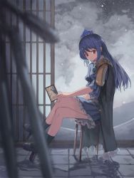 Rule 34 | 1girl, bad id, bad pixiv id, blue dress, blue hair, blurry, commentary request, crossed legs, depth of field, dress, from side, hat, highres, holding, iizunamaru megumu, long hair, looking at viewer, night, ookashippo, outdoors, red eyes, revision, sitting, solo, star (sky), tile floor, tiles, tokin hat, touhou