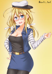 Rule 34 | 1girl, alternate costume, anti (untea9), black pantyhose, black shirt, blonde hair, blouse, blue eyes, blue skirt, breasts, casual, glasses, gradient background, hat, highres, i-8 (kancolle), kantai collection, large breasts, long hair, one-hour drawing challenge, pantyhose, peaked cap, pencil skirt, red-framed eyewear, shirt, skirt, smile, solo, twintails