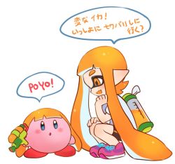Rule 34 | 1girl, :d, bad id, bad twitter id, bike shorts, copy ability, fang, full body, hand on own knee, ink tank (splatoon), inkling, inkling girl, inkling player character, jtveemo, kirby, kirby (series), long hair, looking at another, nintendo, open mouth, orange eyes, orange hair, pink footwear, pointy ears, shirt, shoelaces, shoes, short sleeves, sideways mouth, simple background, smile, sneakers, speech bubble, splatoon (series), splatoon 1, splattershot (splatoon), squatting, super smash bros., t-shirt, tentacle hair, white background, white shirt