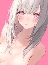 Rule 34 | 1girl, blush, breasts, commission, completely nude, eyelashes, grey hair, hair between eyes, heart, heart-shaped pupils, long hair, looking at viewer, medium breasts, nude, original, out-of-frame censoring, parted lips, pink background, pink eyes, simple background, skeb commission, solo, sweat, symbol-shaped pupils, upper body, yuita (yuita17)