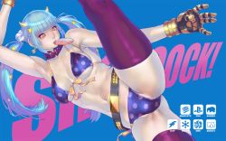 Rule 34 | alternate costume, bikini, blue hair, candy, daichan mona, food, high kick, horns, kicking, kula diamond, snk, solo, swimsuit, symbol-shaped pupils, the king of fighters, thighhighs, twintails