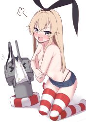 Rule 34 | 1girl, absurdres, black panties, blonde hair, blush, breasts, elbow gloves, gloves, hairband, highleg, highleg panties, highres, kantai collection, long hair, looking at viewer, navel, open mouth, panties, rensouhou-chan, shimakaze (kancolle), skirt, striped clothes, striped thighhighs, thighhighs, tiemu (man190), topless, underwear, white background