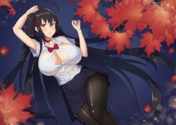 Rule 34 | 1girl, azur lane, black hair, black pantyhose, blue skirt, blush, breasts, choker, cleavage, collarbone, floral background, hair ribbon, highres, large breasts, lips, long hair, looking at viewer, lying, on back, on water, open mouth, pantyhose, petals, red choker, red eyes, red ribbon, ribbon, shirt, side ponytail, silver tokki, skirt, solo, taihou (azur lane), very long hair, water, wet, wet clothes, wet shirt, white shirt