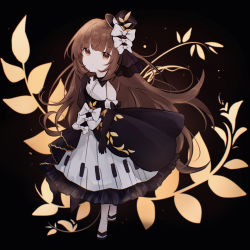 Rule 34 | 1girl, bare legs, black background, black dress, black footwear, black hat, bow, brown eyes, brown hair, commentary, deemo, dress, english commentary, floral print, girl (deemo), gloves, hat, highres, long hair, looking at viewer, mini hat, miyu (miy u1308), multiple bows, piano print, sandals, sidelocks, simple background, solo, top hat, very long hair, white bow, white gloves