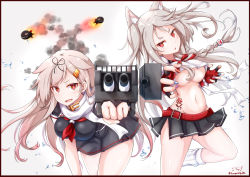 Rule 34 | animal ears, artist name, azur lane, baileys (tranquillity650), belt, black serafuku, black shirt, black skirt, blonde hair, braid, breasts, claw pose, commentary request, crossover, devil may cry (series), fingerless gloves, floating hair, gloves, gun, hair between eyes, hair flaps, hair ornament, hair ribbon, hairclip, highres, historical name connection, holding, holding gun, holding weapon, kantai collection, large breasts, leg up, long hair, looking at viewer, multicolored nails, nail polish, name connection, neckerchief, plaid, plaid skirt, red belt, red eyes, red neckerchief, ribbon, scarf, school uniform, serafuku, shirt, short eyebrows, short sleeves, side braid, signature, silver hair, simple background, single braid, skirt, tattoo, thick eyebrows, torpedo, underboob, v-shaped eyebrows, very long hair, water drop, weapon, white background, white shirt, wolf ears, wolf girl, yuudachi (azur lane), yuudachi (kancolle)