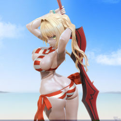 Rule 34 | 1girl, 3:, 3d, aestus estus, ahoge, armpits, arms up, ass, ass cutout, beach, bikini, blonde hair, blue sky, breasts, butt crack, cleavage, closed mouth, clothing cutout, cloud, cowboy shot, criss-cross halter, day, earrings, fate/grand order, fate (series), from behind, green eyes, hair intakes, halterneck, hand in own hair, highres, horizon, jewelry, keyhole bikini, large breasts, leslyzerosix, long hair, navel, nero claudius (fate), nero claudius (fate) (all), nero claudius (swimsuit caster) (fate), outdoors, side-tie bikini bottom, sideboob, single earring, sky, solo, striped bikini, striped clothes, swimsuit, twintails, twisted torso, underboob