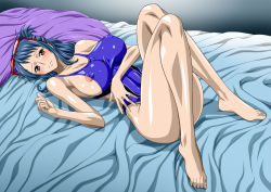Rule 34 | 1girl, areola slip, bare arms, bare legs, bare shoulders, barefoot, bed, blue hair, blue one-piece swimsuit, blush, breasts, brown eyes, cleavage, covered erect nipples, embarrassed, feet, female focus, game cg, glasses, hair up, large breasts, legs, long hair, looking at viewer, lying, nel-zel formula, on bed, one-piece swimsuit, one piece, shiny skin, sleeveless, solo, swimsuit, tashigi, thighs, toes