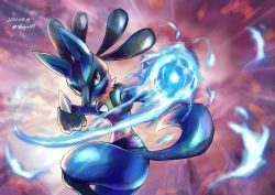 Rule 34 | commentary request, creatures (company), dated, energy, energy ball, furry, game freak, gen 4 pokemon, highres, leg up, looking back, lucario, nintendo, pokemon, pokemon (creature), red eyes, shigure na hito, solo, spikes, yellow fur