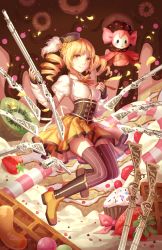 Rule 34 | 10s, 1girl, beret, blonde hair, boots, breasts, candy, charlotte (madoka magica), chocolate, corset, cupcake, detached sleeves, doughnut, drill hair, fingerless gloves, food, fruit, gloves, gun, hair ornament, hat, highres, kiwi (fruit), kyurin (sunnydelight), magical girl, magical musket, mahou shoujo madoka magica, mahou shoujo madoka magica (anime), pleated skirt, puffy sleeves, ribbon, shirt, skirt, smile, strawberry, striped clothes, striped thighhighs, taut clothes, taut shirt, thighhighs, tomoe mami, twin drills, vertical-striped clothes, vertical-striped thighhighs, weapon, yellow eyes