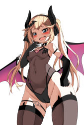 Rule 34 | 1girl, blonde hair, breasts, cameltoe, cleft of venus, demon girl, demon horns, demon tail, fang, from below, gloves, highres, horns, last origin, leotard, thetis (last origin), sbac0019, see-through, small breasts, smug, solo, tail, thighhighs, thighs
