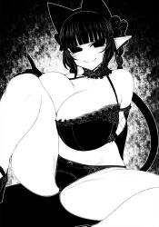 Rule 34 | 1girl, animal ears, blunt bangs, bow, bra, braid, breasts, cat ears, cat girl, cat tail, cleavage, closed mouth, commentary request, curvy, elbow gloves, extra ears, frilled bra, frills, gloves, greyscale, hair bow, haseru (ginku mh), high heels, huge breasts, kaenbyou rin, looking at viewer, monochrome, multiple tails, nekomata, panties, pointy ears, side braids, sidelocks, smile, solo, tail, touhou, twin braids, two tails, underwear