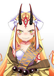 Rule 34 | 1girl, bare shoulders, blonde hair, fate/grand order, fate (series), female focus, horns, ibaraki douji (fate), japanese clothes, kimono, long hair, looking at viewer, monster girl, off shoulder, oni, oni horns, pointy ears, shiruko (27anko), simple background, solo, tattoo, yellow eyes, yellow kimono