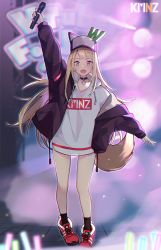 Rule 34 | 1girl, abae, animal ears, arm up, baseball cap, black hoodie, black jacket, blonde hair, blurry, blurry background, commentary, concert, copyright name, dog ears, dog tail, english commentary, facing viewer, glowstick, hat, highres, holding, holding microphone, hood, hood down, hoodie, jacket, kmnz, lights, logo, long hair, mc lita, microphone, open clothes, open hoodie, open mouth, oversized clothes, oversized shirt, purple eyes, red footwear, shirt, shoes, smile, sneakers, solo, stage, standing, tail, virtual youtuber, white shirt