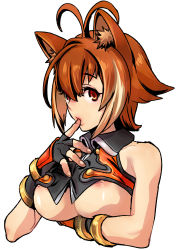 Rule 34 | 1girl, animal ears, antenna hair, antennae, arc system works, bad id, bad pixiv id, bare shoulders, blazblue, blazblue: continuum shift, breast hold, breasts, brown eyes, brown hair, finger to mouth, fingerless gloves, gloves, highres, katou teppei, large breasts, makoto nanaya, multicolored hair, nipple slip, nipples, orange eyes, revealing clothes, short hair, simple background, solo, squirrel ears, two-tone hair, underboob, upper body, white hair