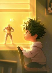 Rule 34 | 1boy, aged down, all might, artist name, blurry, blurry background, boku no hero academia, bug, butterfly, chair, character doll, child, commentary request, from side, green hair, grey hoodie, grey socks, highres, hood, hoodie, insect, long sleeves, male focus, messy hair, midoriya izuku, photo (object), profile, short hair, shorts, sitting, socks, solo, sunlight, wengwengchim, window