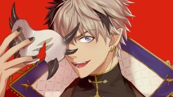 Rule 34 | 1boy, black hair, black nails, black shirt, close-up, collared jacket, cracked mask, crimzon ruze, earrings, eye mask, fangs, grey hair, hair between eyes, high collar, highres, holding, holding mask, holostars, holostars english, jacket, jewelry, mask, multicolored hair, myem, one eye covered, open mouth, pointy ears, purple eyes, red background, shirt, smile, solo, teeth, two-tone hair, virtual youtuber