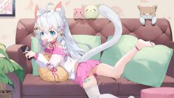 Rule 34 | 1girl, absurdres, ahoge, animal ear fluff, animal ears, bandaid, barefoot, bell, blue eyes, braid, cat, cat ears, cat girl, cat tail, cellphone, couch, feet, food, grey hair, hair ornament, highres, indie virtual youtuber, jingle bell, legs, long hair, lying, miniskirt, mouth hold, on stomach, phone, pillow, pink skirt, plant, popsicle, potted plant, ribbon, shirakami isuzu, shirt, single thighhigh, skirt, smartphone, soles, solo, tail, thighhighs, thighs, toes, virtual youtuber, white shirt, white thighhighs