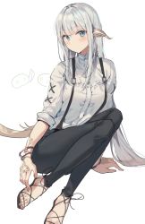 Rule 34 | 1girl, absurdres, au ra, bad id, bad twitter id, black pants, blue theme, blush, bracelet, dress shirt, final fantasy, final fantasy xiv, highres, horns, jewelry, long hair, looking at viewer, pants, sabet (young ouo), shirt, silver hair, simple background, single horn, sitting, solo, suspenders, very long hair, white background, white shirt