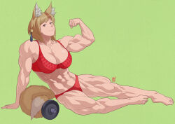 1girl abs alternate_costume alternate_muscle_size animal_ears biceps blonde_hair bra breasts cleavage fire_emblem fire_emblem_fates fox_ears fox_tail large_breasts lingerie lucas_rodri multicolored_hair muscular muscular_female nintendo panties red_bra red_panties selkie_(fire_emblem) smile solo streaked_hair tail two-tone_hair underwear yellow_eyes