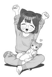 Rule 34 | 1girl, animal, animal ears, animal on lap, arms up, barefoot, blush, cat, cat ears, cat on lap, clenched hands, closed eyes, commentary, dot nose, english commentary, fang, feet, full body, glasses, greyscale, highres, indian style, long sleeves, mixed-language commentary, monochrome, on lap, open mouth, opossumachine, original, pants, round eyewear, short hair, simple background, sitting, sweater, toenails, toes, white background