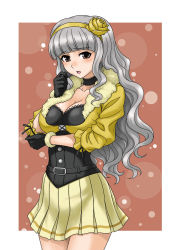 Rule 34 | 00s, 1girl, 961 production, breast hold, breasts, choker, cleavage, gloves, grey hair, hida tatsuo, idolmaster, idolmaster (classic), large breasts, long hair, miniskirt, pleated skirt, shijou takane, simple background, skirt, solo