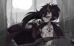 Rule 34 | 1boy, absurdres, bandaged arm, bandages, black hair, chest tattoo, collarbone, demon king (in), fingernails, grin, highres, holding, holding sword, holding weapon, horns, in (ain), jacket, jacket on shoulders, katana, korean commentary, long fingernails, long hair, mouth hold, nail polish, open mouth, original, over shoulder, pectorals, pointy ears, ponytail, red eyes, red nails, ribs, sash, sharp teeth, sheath, sheathed, short sword, single horn, smile, solo, stalk in mouth, sword, tattoo, teeth, weapon, weapon over shoulder