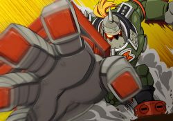 Rule 34 | 1boy, armor, foreshortening, glowing, glowing eyes, guilty gear, guilty gear xrd, helmet, male focus, military, military uniform, nga, outstretched hand, ponytail, potemkin (guilty gear), solo, speed lines, spiked helmet, uniform, yellow background