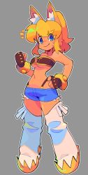 Rule 34 | 1girl, animal ears, aqua shorts, bacun, bare shoulders, belt bra, blonde hair, blue eyes, boots, breasts, commentary, dark-skinned female, dark skin, denim, denim shorts, english commentary, extra ears, facial mark, fang, fingerless gloves, gloves, grey background, hand on own hip, highres, liru, looking at viewer, medium breasts, navel, notice lines, o-ring, o-ring top, ponytail, renkin san-kyuu magical pokaan, shorts, sidelocks, smile, solo, studded bracelet, tail, thigh boots, thighhighs, whisker markings, wolf ears, wolf girl, wolf tail, zettai ryouiki