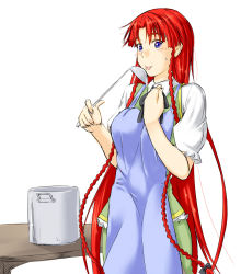 Rule 34 | 1girl, apron, blue eyes, blush, braid, breasts, cooking, female focus, hong meiling, ladle, niwatazumi, pot, red hair, sketch, solo, tongue, tongue out, touhou, twin braids, white background