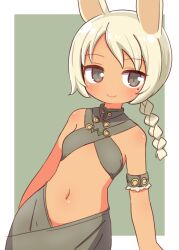 Rule 34 | 1girl, animal ears, bare shoulders, braid, breasts, closed mouth, grey background, grey eyes, grey hair, grey skirt, highres, long hair, looking at viewer, mole, mole under eye, naga u, navel, rabbit ears, siarli, single braid, skirt, small breasts, smile, solo, summon night, summon night 3, swept bangs, two-tone background, white background