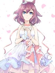 Rule 34 | 1girl, blue eyes, breasts, brown hair, commentary, dress, gloves, hair between eyes, highres, jewelry, layered dress, looking at viewer, necklace, own hands together, pearl necklace, petals, pleated dress, sakura chiyono o (fleur enneigee) (umamusume), sakura chiyono o (umamusume), shiba-kun kanashi (umamusume), simple background, single glove, sleeveless, sleeveless dress, small breasts, solo, umamusume, white background, white dress, white gloves, yonaga (47ga yng)