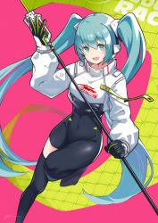 Rule 34 | 1girl, absurdres, asymmetrical bodysuit, asymmetrical clothes, black gloves, bodysuit, breasts, covered navel, cropped jacket, flagpole, gloves, green gloves, hatsune miku, high collar, highres, holding, holding pole, itou kazuki, knee up, long sleeves, medium breasts, pole, racing miku, racing miku (2022), single pantsleg, single thighhigh, solo, thighhighs, two-tone gloves, vocaloid