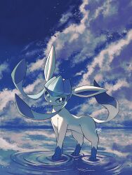 Rule 34 | aqua eyes, cloud, commentary request, creatures (company), full body, game freak, gen 4 pokemon, glaceon, highres, kuchiba (jret2454), looking at viewer, nintendo, no humans, outdoors, pokemon, pokemon (creature), ripples, signature, sky, solo, standing