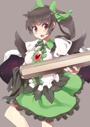 Rule 34 | 1girl, alternate hairstyle, arm cannon, bad id, bad pixiv id, bird wings, blush, bow, brown hair, cape, dress, female focus, hair bow, long hair, open mouth, ponytail, red eyes, reiuji utsuho, sil, solo, supershiruco, third eye, touhou, weapon, wings