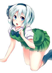 Rule 34 | 1girl, all fours, arm support, bad id, bad pixiv id, blue eyes, bow, bowtie, dress shirt, female focus, hair ribbon, hairband, konpaku youmu, looking away, no shoes, open mouth, puffy sleeves, ribbon, shirt, short hair, short sleeves, silver hair, simple background, skirt, socks, solo, suteba (grzjkbhgf), touhou, vest, white background