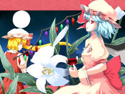 Rule 34 | 2girls, alcohol, b-ginga, bad id, bad pixiv id, bat wings, cup, drinking glass, female focus, flandre scarlet, flower, lily (flower), multiple girls, remilia scarlet, siblings, sisters, touhou, wine, wine glass, wings
