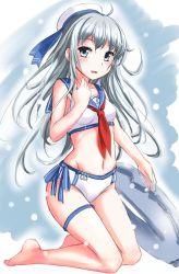 Rule 34 | 1girl, adapted costume, anchor symbol, barefoot, bikini, blue eyes, blue sailor collar, breasts, full body, grey background, hand on own chest, hat, hibiki (kancolle), highres, innertube, kantai collection, knck, kneeling, long hair, navel, neckerchief, red neckerchief, sailor bikini, sailor collar, sailor hat, side-tie bikini bottom, silver hair, small breasts, solo, swim ring, swimsuit, two-tone background, white bikini, white hat