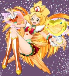 Rule 34 | 10s, 1girl, adapted costume, alternate form, blonde hair, boots, breasts, brooch, choker, cleavage, cure honey, cure honey (coconut samba), earrings, eyelashes, grawon7, gurawan7, hair ornament, happinesscharge precure!, happy, heart, heart brooch, highres, jewelry, knee boots, kneehighs, large breasts, long hair, looking at viewer, magical girl, midriff, navel, oomori yuuko, open mouth, ponytail, precure, skirt, smile, socks, solo, wrist cuffs, yellow eyes