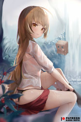 Rule 34 | 1girl, adjusting clothes, adjusting legwear, bad id, bad pixiv id, black panties, black socks, brown eyes, brown hair, clothes pull, feet out of frame, friend (nanashi mumei), from behind, hololive, hololive english, kneehighs, lingerie, long hair, looking at viewer, looking back, mujinbensin, multicolored hair, nanashi mumei, panties, parted lips, plant, red skirt, shirt, short sleeves, sitting, skirt, skirt pull, smile, socks, solo, streaked hair, thong, underwear, very long hair, virtual youtuber, wet, wet clothes, white hair, white shirt