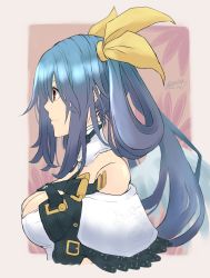 Rule 34 | 1girl, angel wings, arc system works, artist name, asymmetrical wings, bare shoulders, belt, blue hair, border, breasts, choker, cleavage, closed mouth, dated, detached collar, dizzy (guilty gear), from side, guilty gear, guilty gear xrd, hair between eyes, hair ribbon, hair rings, highres, large breasts, long hair, mariebell, mature female, off shoulder, red eyes, ribbon, sidelocks, smile, solo, twintails, upper body, white border, wings, yellow ribbon