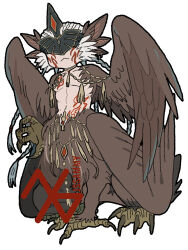 Rule 34 | 1boy, :&lt;, animal ears, artist logo, bird tail, bird wings, braid, brown wings, centauroid, closed mouth, commission, covered eyes, ear piercing, facing viewer, feathered wings, full body, hands up, head wings, jewelry, jssammy zhou, long hair, male focus, mask, monster boy, multiple braids, multiple wings, original, piercing, simple background, sitting, solo, tail, talons, tassel, taur, white background, white hair, winged arms, wings