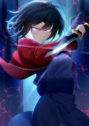 Rule 34 | 1girl, alley, belt, black hair, blue eyes, breasts, fate/grand order, fate (series), hair between eyes, holding, holding knife, holding weapon, jacket, japanese clothes, kara no kyoukai, kimono, knife, kwhr a, looking at viewer, red jacket, ryougi shiki, short hair, solo, weapon