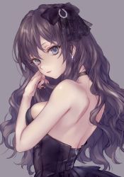Rule 34 | 1girl, bare back, bare shoulders, black dress, blue eyes, bow, breasts, brown hair, collar, dress, earrings, frilled collar, frills, hair bow, hair ribbon, highres, ichinose shiki, idolmaster, idolmaster cinderella girls, jewelry, long hair, looking at viewer, looking back, medium breasts, michudx, sideboob, signature, solo, sparkle, strapless, strapless dress, upper body, wavy hair