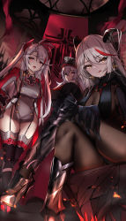 Rule 34 | 3girls, absurdres, aegir (azur lane), antenna hair, azur lane, banner, black footwear, bodystocking, boots, breasts, cleavage, cross, crossed bangs, earrings, garter straps, graf zeppelin (azur lane), hair ornament, hat, highres, huge filesize, iron blood (emblem), iron cross, jewelry, kyle (kysizzle), large breasts, licking lips, looking at viewer, mole, mole on breast, multicolored hair, multiple girls, open mouth, peaked cap, prinz eugen (azur lane), red hair, streaked hair, thighhighs, thighs, tongue, tongue out, twintails, white hair, yellow eyes