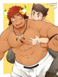 Rule 34 | 2boys, absurdres, american football uniform, animal ears, bandaid, bandaid on face, bandaid on nose, bara, blush, brown eyes, brown hair, bulge, cat ears, commentary, commission, cow boy, cow ears, english commentary, eye black, facial hair, fiery horns, forked eyebrows, glowing horns, goatee, grabbing, groping, hair ears, happy sex, highres, horns, kontahsm, large pectorals, male focus, protagonist 1 (housamo), multiple boys, muscular, muscular male, nipples, pectoral grab, pectorals, second-party source, short hair, shorts, sideburns, size difference, skeb commission, spiked hair, sportswear, stomach, stubble, thick eyebrows, tokyo houkago summoners, topless male, wakan tanka, white shorts, yaoi
